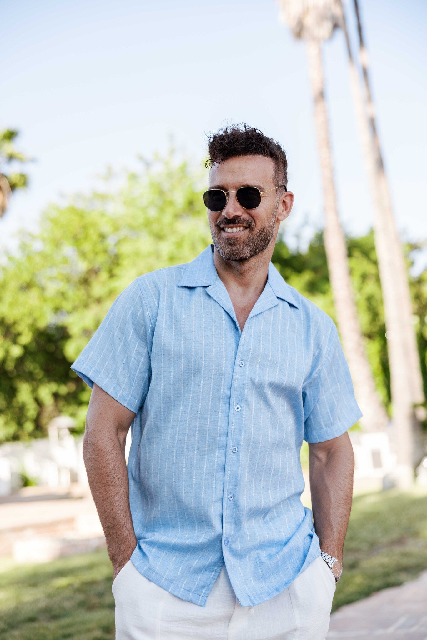 Mens Striped Linen-Look Short Sleeve Shirt